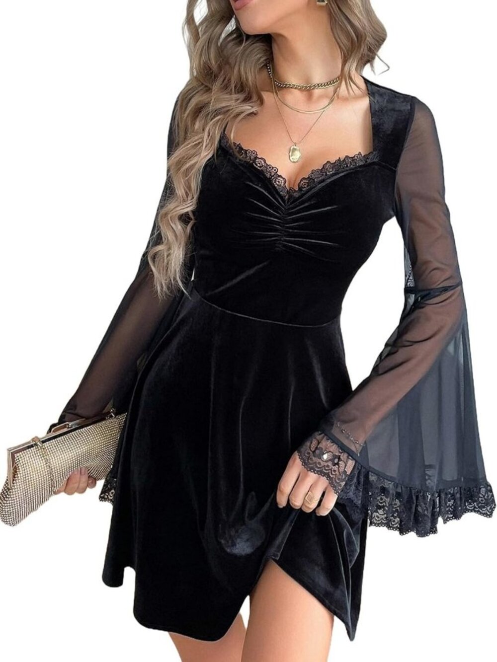 Gothic Black Velvet Lace Trim High Waist Prom Party Dress for Dark Aesthetic